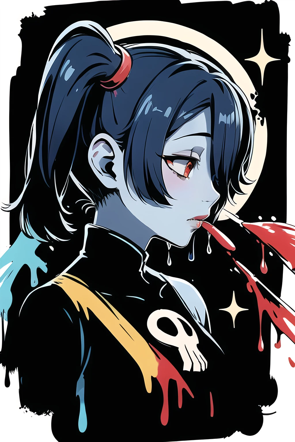 (masterpiece, best quality:1.1), pxint, squigly, red eyes, blue skin, zombie, hair over one eye, side ponytail, stitched mouth, stitches, 1girl, solo, ((detailed eyes)), portrait, beautiful, looking to the side, droplets, red and yellow, sparkle, (smile:0.3), bubble, flowing, ((with a splash of paint, paint splash, multicolored:1.0)), (abstract:1.1), swirling, sparkle, rim lighting, detailed, leviathan, skull, <lora:squigly skullgirls:0.8>, <lora:abstractPortraits_v1:1.0>