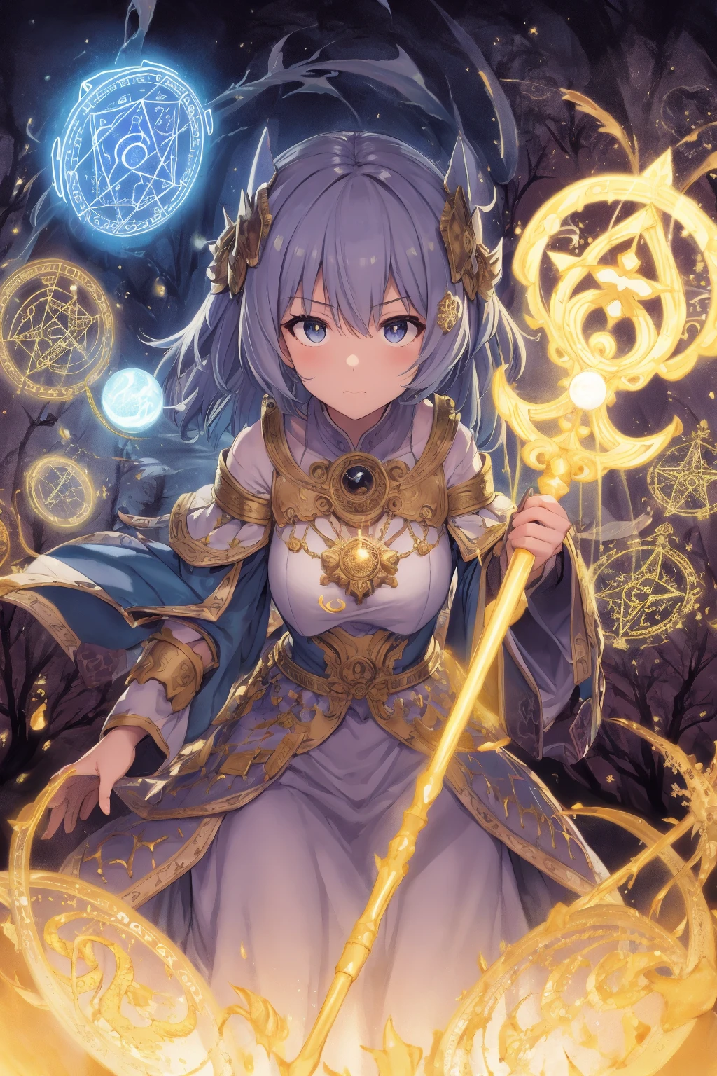 best quality, masterpiece, illustration, ultra-detailed, beautiful detailed eyes, (1girl:1.3),
magician, enchanting spell, high-angle view, magical forest, otherworldly beauty, casting pose, magical staff, invocation effects, soft and ethereal light, fantastical atmosphere, mystical creatures, empowering allies, enhancing abilities, elemental magic, swirling energy, pulsating aura, determination, support, vibrant colors, glowing runes, levitating, swirling leaves, teamwork, magical bonds, protective shield, guiding light, shimmering particles, enchanted surroundings, harmony with nature, hope, wisdom, ancient secrets, celestial beings, arcane knowledge, mystic symbols, spellcasting, elemental forces,  <lora:SilvermoonMix2:1>