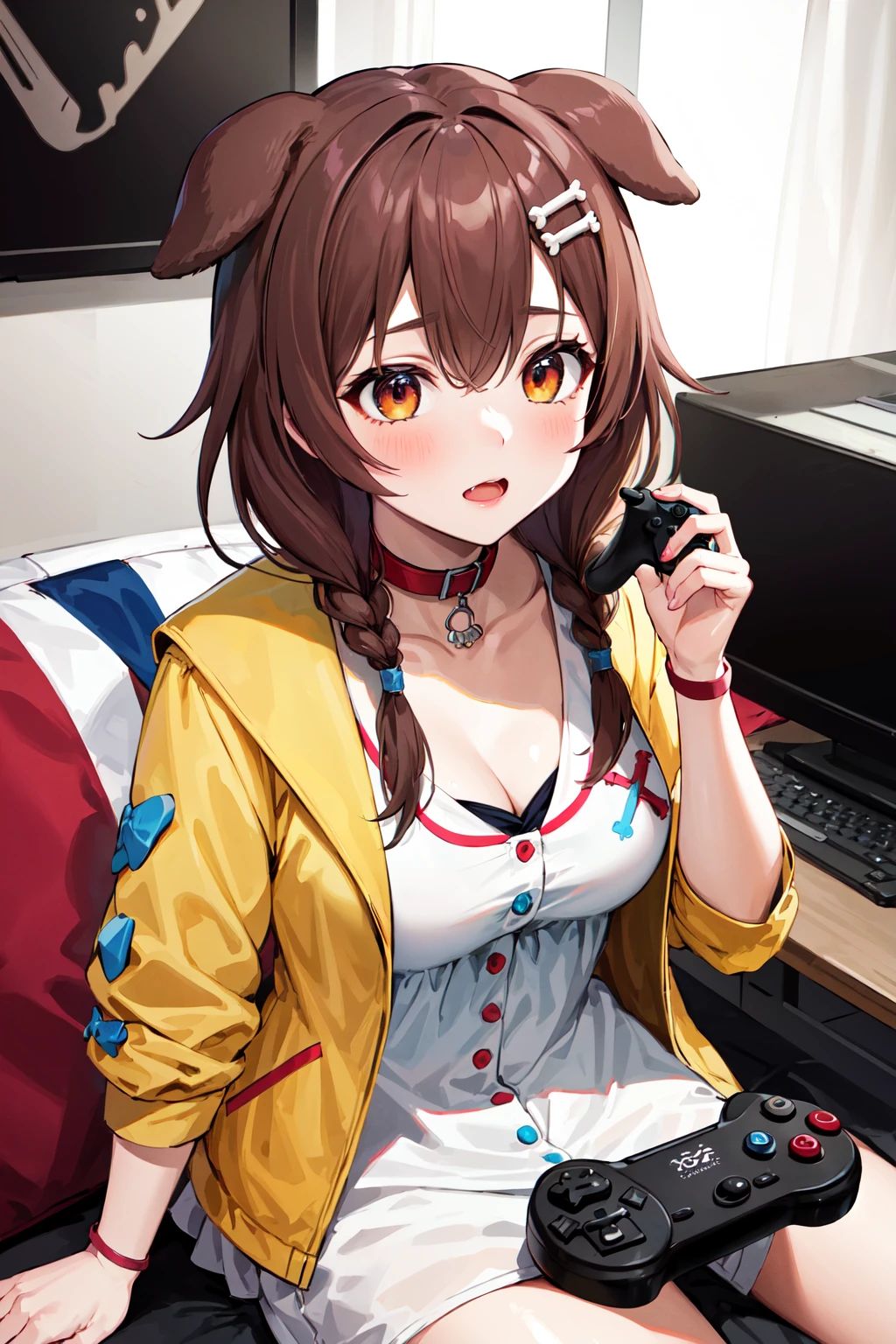 masterpiece, best quality, highres, ik1, 1girl, white dress, yellow jacket, dog tail, animal collar, cleavage, medium breasts, wristband, cartoon bone, hairclip, <lora:inugami_korone_v1:0.7>, sitting, holding game controller,