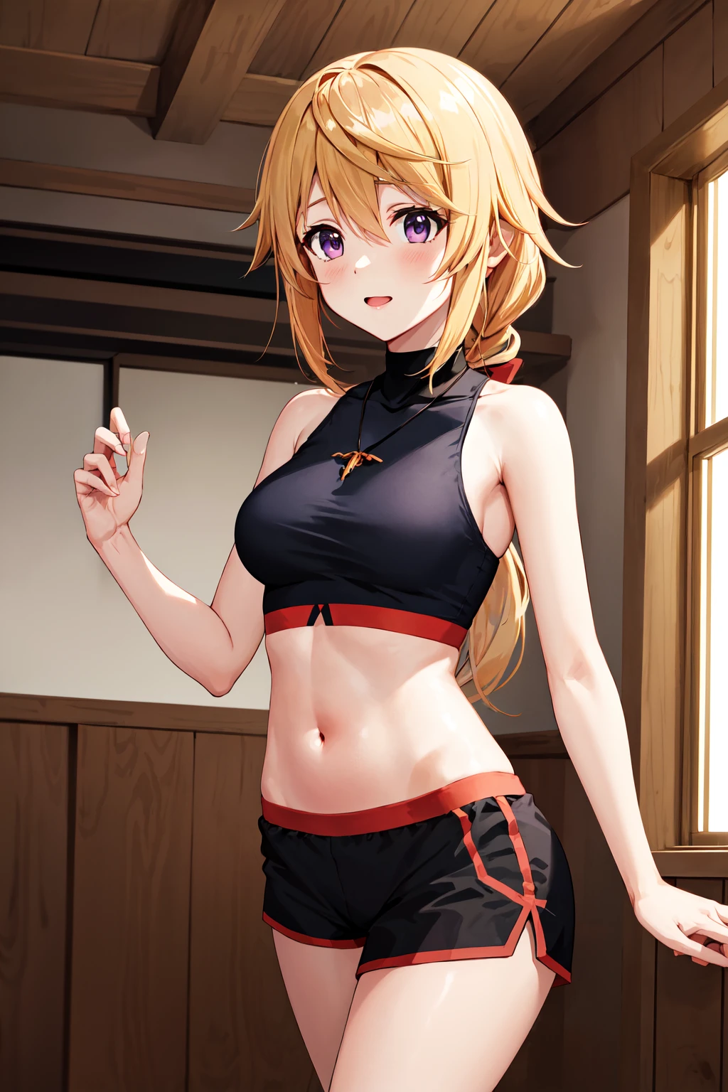 masterpiece, best quality, highres, sd1, charlotte dunois, midriff, navel, pendant, medium breasts, turtleneck, shorts, ponytail, crop top, <lora:charlotte_dunois_v1:0.7>, cowboy shot,