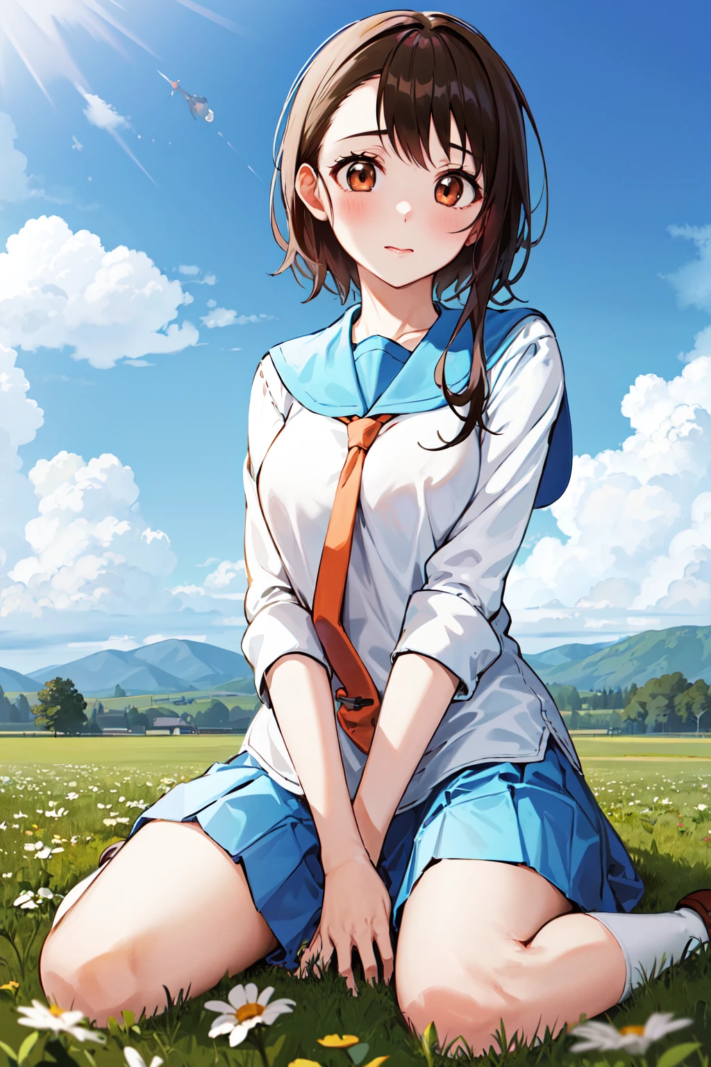 masterpiece, best quality, highres, ondr, 1girl, school uniform, white socks, serafuku, blue skirt, pleated skirt, necktie, <lora:onodera_kosaki_v1:0.7>, wariza, field,