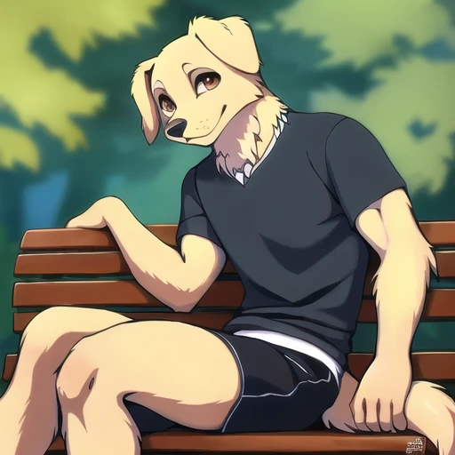  dog anthro, male dog anthro, high detail, lose shorts and tshirt, sitting on park bench, looking at viewer, photography, fit, pants, soft shading, detailed fur, realistic, [by kacey miyagami by personalami by devil-vox], by ghibli, soft shading, clahe, scurve, paper texture, muscular, film grain, low saturation, classical animation, pastel colors, fading, golden retriever, buff