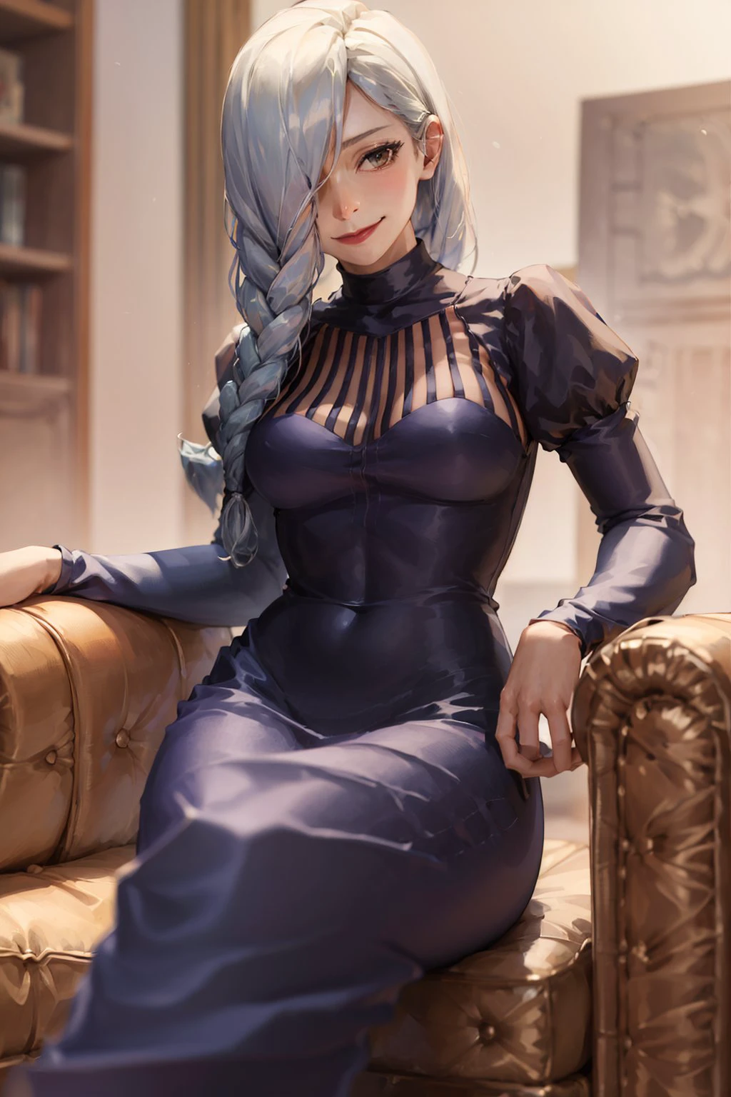 (masterpiece, best quality:1.2), <lora:jjk_meimei-10:1>, solo, 1girl, meimei, evil smile, closed mouth, looking at viewer, sitting, crossed legs, hair over one eye, turtleneck dress, puffy long sleeves