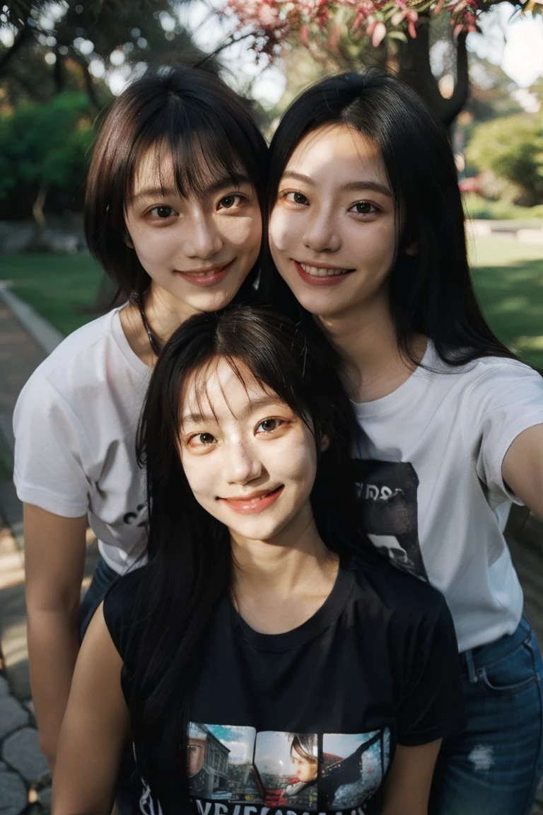 2girls, looking at viewer, t-shirt, depth of field, portrait, rimlight, evening, <lora:MultipleGirlsGroup:1> sunlight, multiple girls, selfie, smile,