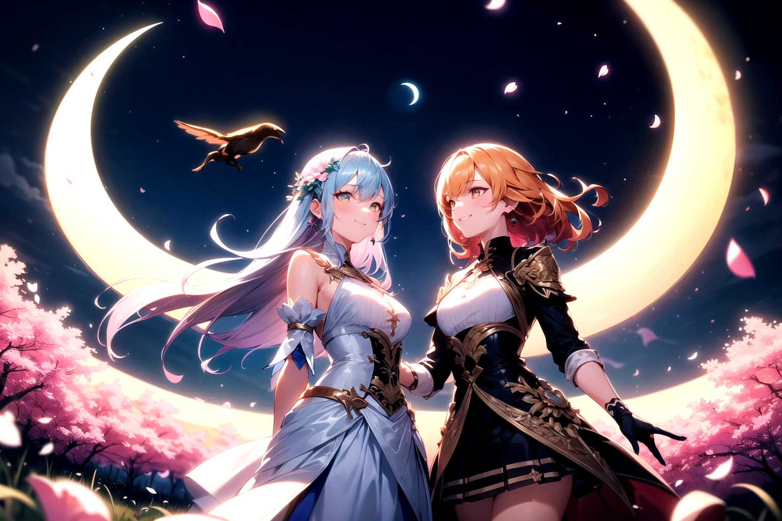 ((2girls)), friends, colorful, cinematic lighting, cowboy shot, light colored hair, solo, smiling, intricate skirt, ((flying petal)), flowery meadow, moonlight, moon, night, cinematic lighting, fantasy background, dynamic angle,
