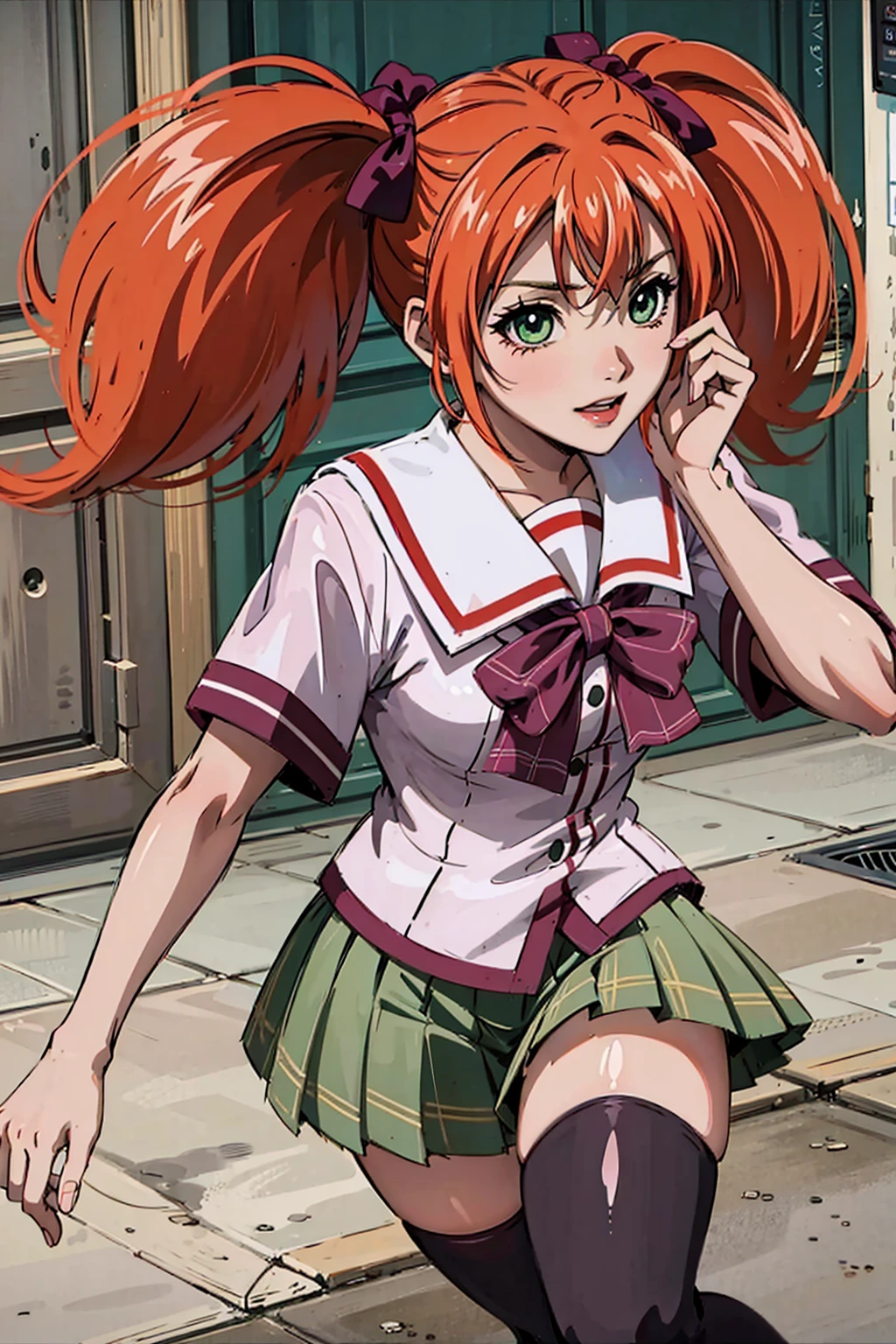 1girl, solo, kokoa shuzen (rosario + vampire), short hair, twintails, orange hair, hair ribbon, ribbon, green eyes, school uniform, green patterned skirt, garnet thighhighs, cute, kawaii, posing, dynamic pose, school entrance, <lora:Shuzen Kokoa:0.7>,