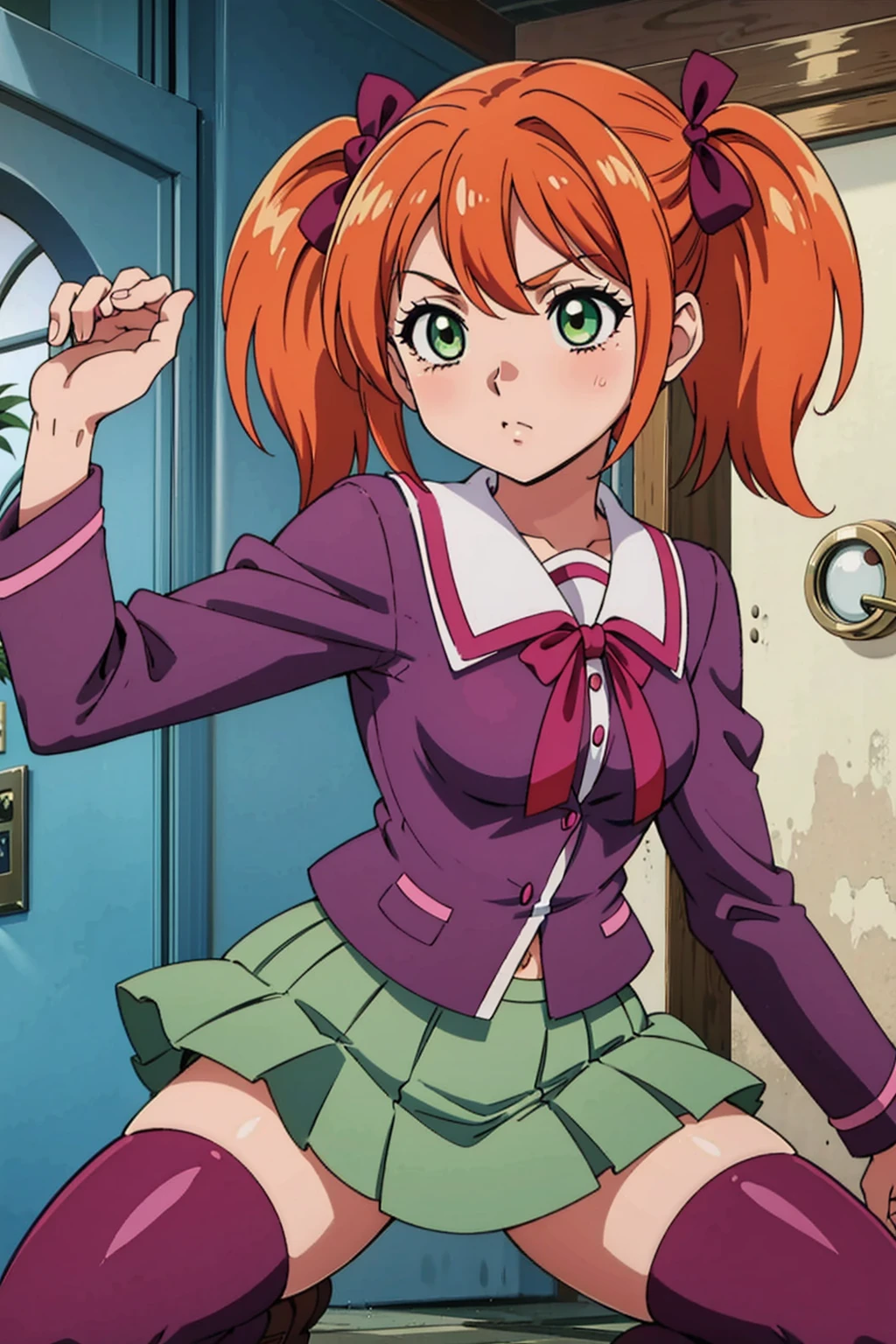 1girl, solo, kokoa shuzen (rosario + vampire), short hair, twintails, orange hair, hair ribbon, ribbon, green eyes, school uniform, green patterned skirt, garnet thighhighs, cute, kawaii, posing, dynamic pose, school entrance, <lora:Shuzen Kokoa:0.7>,