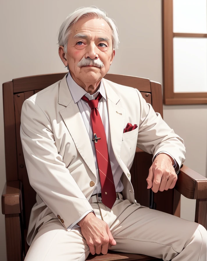 (An 80 years old man with nasolabial folds on his face:1.1), (white mustache:1.1), white suits, white short cut corners hair ,long brown red tie, beige jacket, his both fingers in front of his face, Werther's Original, sitting on the chair, glowing eyes, morinaga