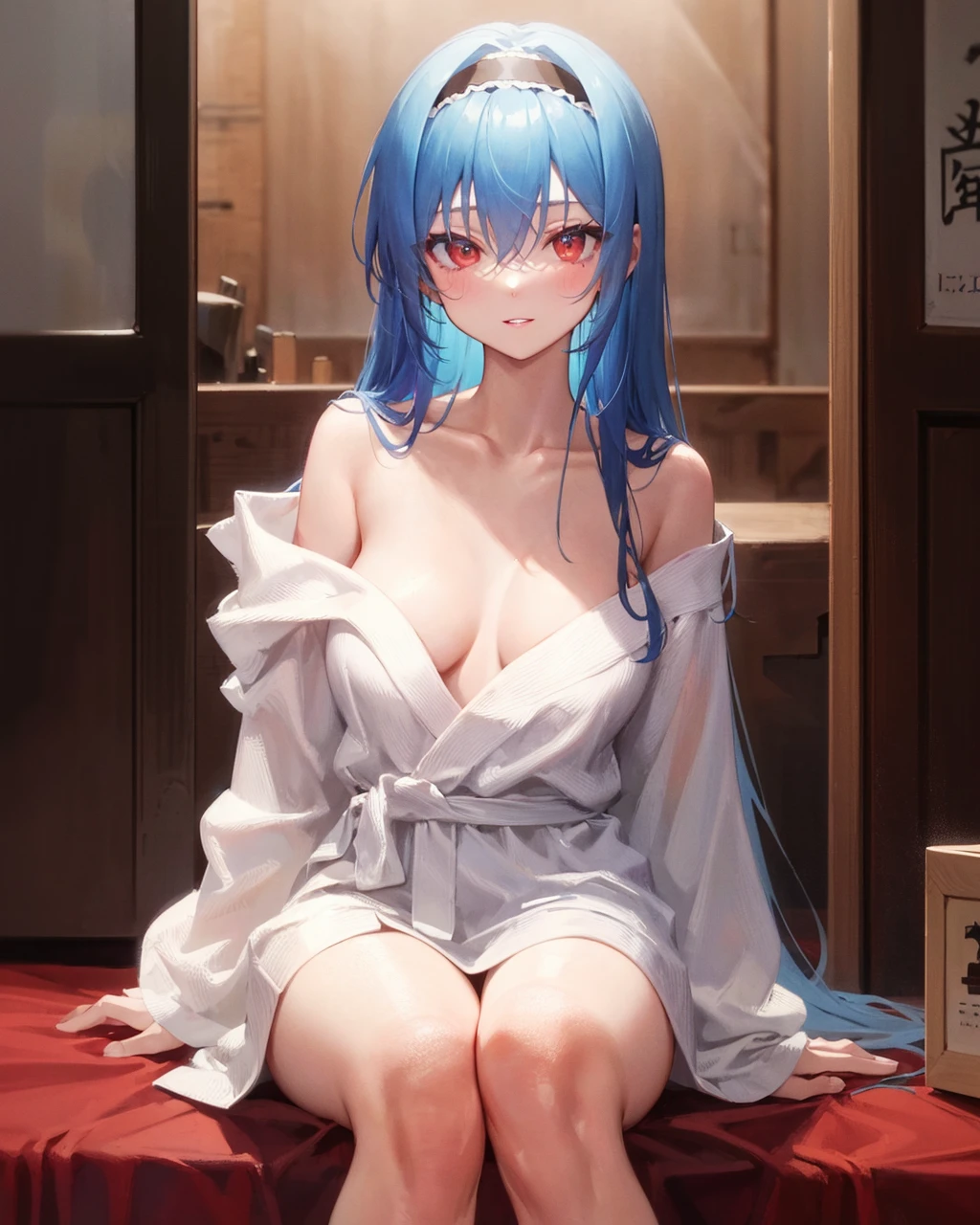 naked bathrobe, 1girl, solo, white hairband, breasts, long hair, red eyes, hairband, sitting, kasumigaoka utaha, looking at viewer, black hair, collarbone, off shoulder, bangs, blush, smile, long sleeves, cleavage, parted lips, hand on own chest, hair between eyes, single bare shoulder, very long hair, medium breasts, bare shoulders, thighs, feet out of frame, large breasts, sidelocks, <lora:NakedBathrobeV1:1>,