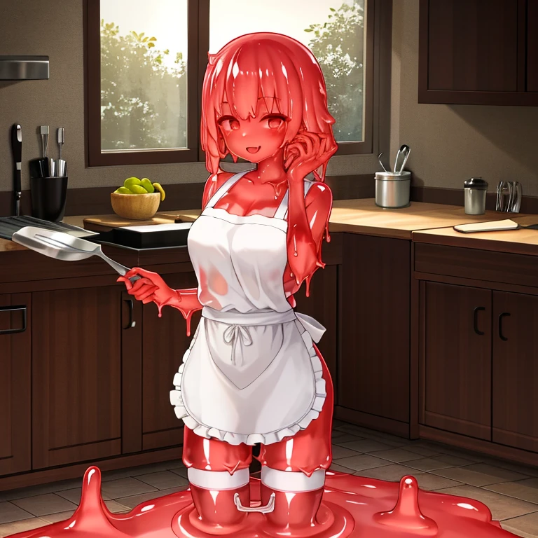 (masterpiece,best quality,ultra-detailed, best illustration:1.2),1girl,(slime girl:1.4),(transparent red skin:1.4),(see-through:1.3),beautiful detailed transparent face, naked apron, white thighhighs, sunny,indoors,kitchen, cooking,smile, <lora:slimegirl11:0.6>,<lora:slimegirl16:0.5>