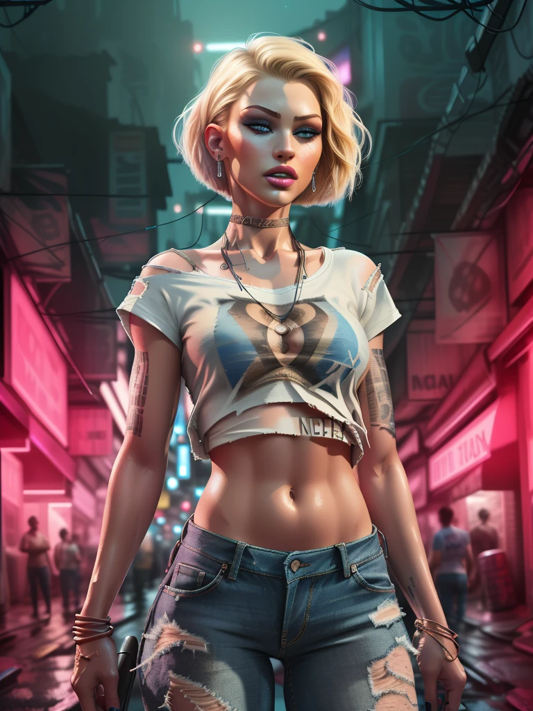 <lora:weird future fashion_v2:1> Supermodel with straight short blonde hair, closeup, wet drenched skin, vax, 3d, earrings, eyelashes, eye shadow, lips, lipstick, jewelry, makeup, nose, parted lips, navel, beautiful detailed blue eyes, wearing (((loose, oversized) ripped crop top tshirt)), (jeans), leaning on wall, detailed background, (night:1.2), dark, dark city, bazaar alley, dynamic action pose, exaggerated pose, hyper-realistic, amazing fine detail, rich colors, lifelike texture, dramatic lighting, unreal engine, trending on ArtStation, (weird future fashion)