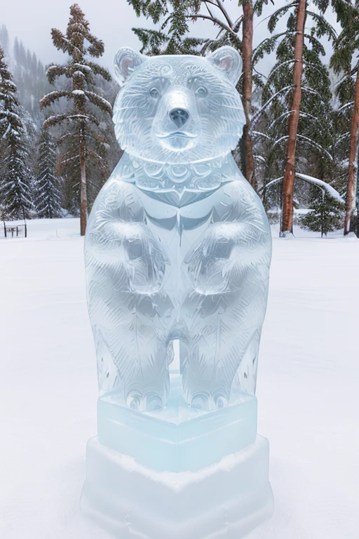 photo of a bear, a bear as a (made_of_ice:1.3),  on a pedestal, modelshoot style, photo of the most beautiful artwork in the world, High Detail, Sharp focus,(((in the snow))), full body, (closeup),    <lora:made_of_ice:0.6>,  <lora:betterCuteAsian03:0.3>,