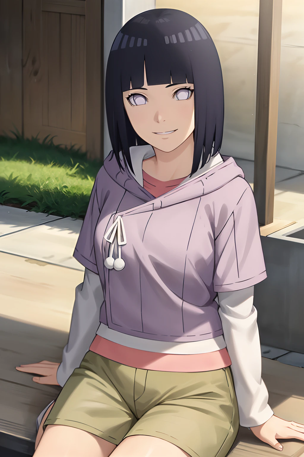 masterpiece, absurdres,hinata\(boruto\), 1girl,mature female,  solo,  purple hoodie,layered sleeves,  brown pants, outdoors, smile, looking at viewer,  cowboy shot,sitting, 