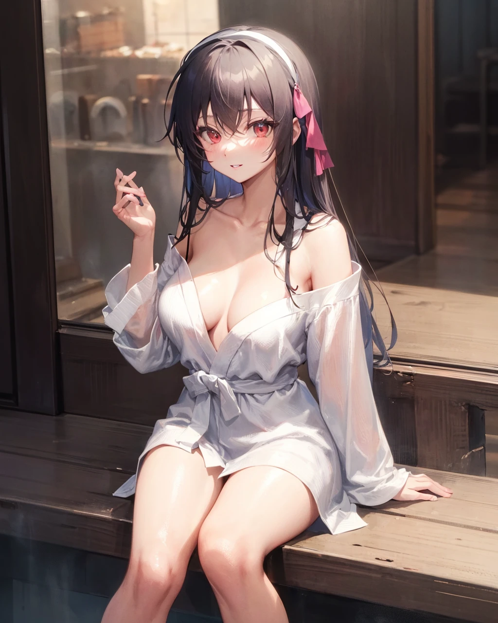 naked bathrobe, 1girl, solo, white hairband, breasts, long hair, red eyes, hairband, sitting, kasumigaoka utaha, looking at viewer, black hair, collarbone, off shoulder, bangs, blush, smile, long sleeves, cleavage, parted lips, hand on own chest, hair between eyes, single bare shoulder, very long hair, medium breasts, bare shoulders, thighs, feet out of frame, large breasts, sidelocks, <lora:NakedBathrobeV1:1>,