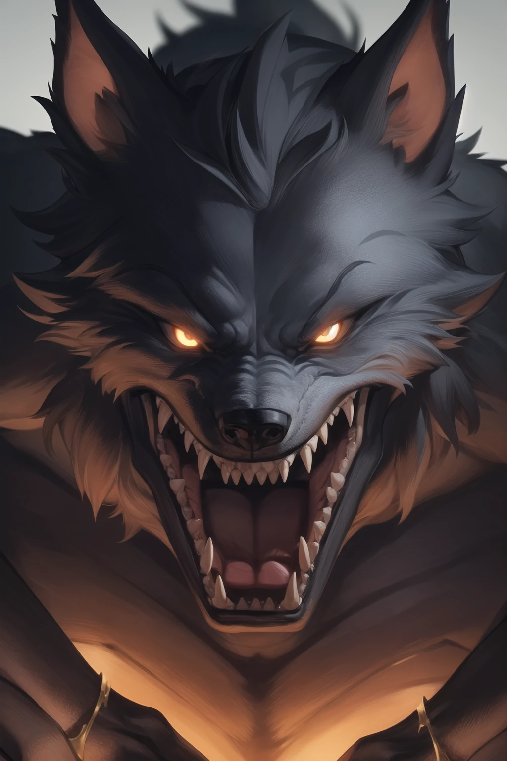 <lora:werewolf_v0.2:1>
1boy, werewolf, face, glowing eyes, clenched teeth, sharp teeth, close-up,, masterpiece, best quality, highly detailed