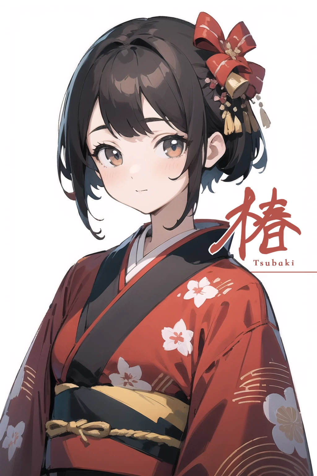 (finely best quality illustration:1.2), (kawaii girl:1.0), (1girl, solo:1.0), (black short hair:1.0), (red kimono:1.0), (upper body:1.0), (ultra-detailed, highres, 4k:1.0),