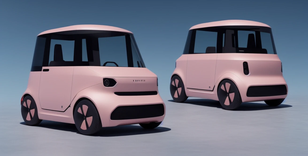3D product render style, (vehicle sheet of two views of same exact vehicle), front and back, futuristic, pink, finely detailed, purism, ue 5, a computer rendering, minimalism, octane render, 4k