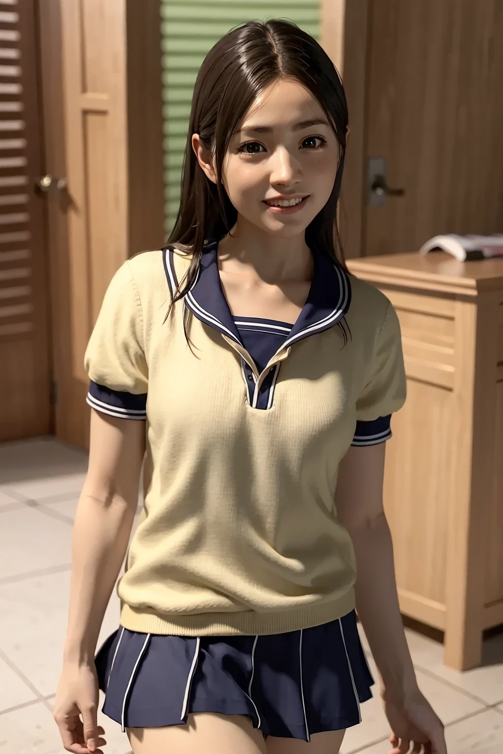 1girl, sawamura haruka (young), ryu ga gotoku, yakuza, solo, long hair, loose hair, small breasts, school uniform, serafuku, blue pleated skirt, (smile:1.3), laugh posing, dynamic pose, cute, kawaii, beautiful, looking at viewer, detailed face, detailed skin, rounded eyes, (((best quality, masterpiece))), (((extremely detailed))), (8k resolution), ((realistic)), RAW photo, cinematic lighting, best quality, 8k uhd, realistic, (unreal engine), , <lora:Sawamura Haruka (Young):0.8>