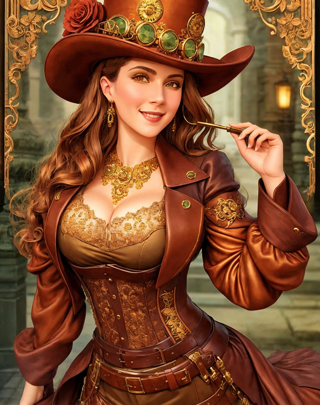 Masterpiece, absurdres, fine detail, HDR, highly detailed face, smiling, excited, steampunk_costume, a woman in a hat, steampunk outfit , brown leather, posing for a picture ,wearing steampunk_costume, <lora:steampunk_costume:0.7>