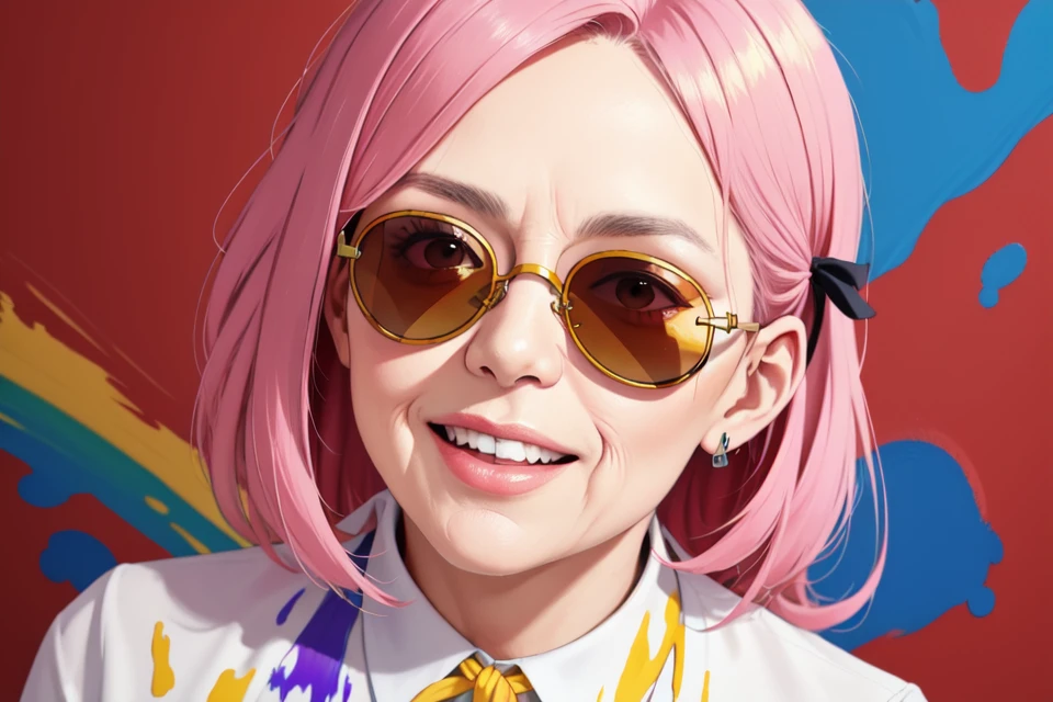 masterpiece, 60 years old woman, (An old woman with nasolabial folds on her face:1.4), (sunglasses:1.4), long long sleeves, (neck ribbon:1.2), (Paint colliding and splashing on the canvas),(liquid paint rainbow hair:1.1) made of paint and defies gravity, (paint splatter:1.1), stunningly beautiful, masterpiece, detailed background, ultra high quality model, ethereal background, abstract beauty, explosive volumetric, oil painting, heavy strokes, smile,