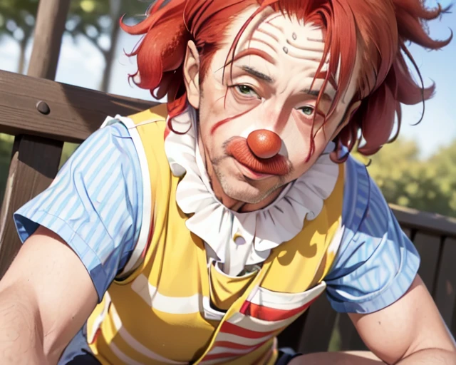 (thick mature man clown face and red afro hair:1.5), chromatic_aberration, clown, cosplay_photo, depth_of_field, figure, film_grain, photorealistic, (a yellow vest with a red and white striped shirt:1.3), hisoka morow pose of abe takakazu, lying park bench,