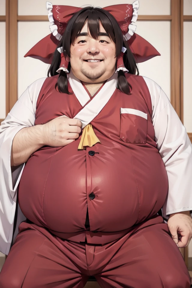 masterpiece,(high quality, best quality:1.2),smile, (realistic_nose:-1), (mature fat man:1.3), (hakurei reimu1.1)