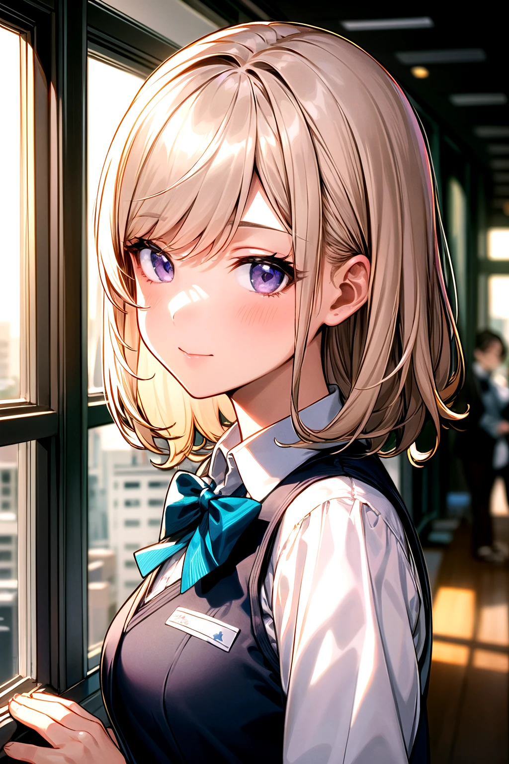 1girl, matured female, vest, bow, best quality, hires, detailed face, office, buildings from window, detailed background, diffused sunlight, depth of field, bokeh