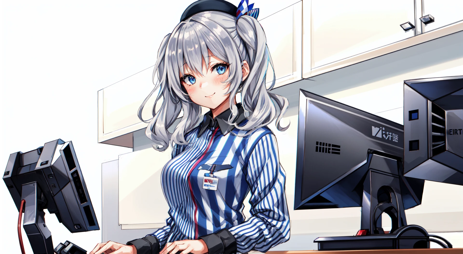 1girl, solo, masterpiece, best quality, blush, indoors, a girl is serving customers in a convenience store , standing, smile, pov, <lora:4BMix2: 1> <lora:[Fix]hipoly3DModelLora_v10:0.1>  <lora:[Fix]beautifulDetailedEyes_v10:0.3> shelf,  lawson,  upper body,, KashimaLawson, grey hair,  twin tails, blue eyes, wavy hair,  beret,  employee uniform,  long sleeves,  miniskirt, name tag, vertical-striped shirt,