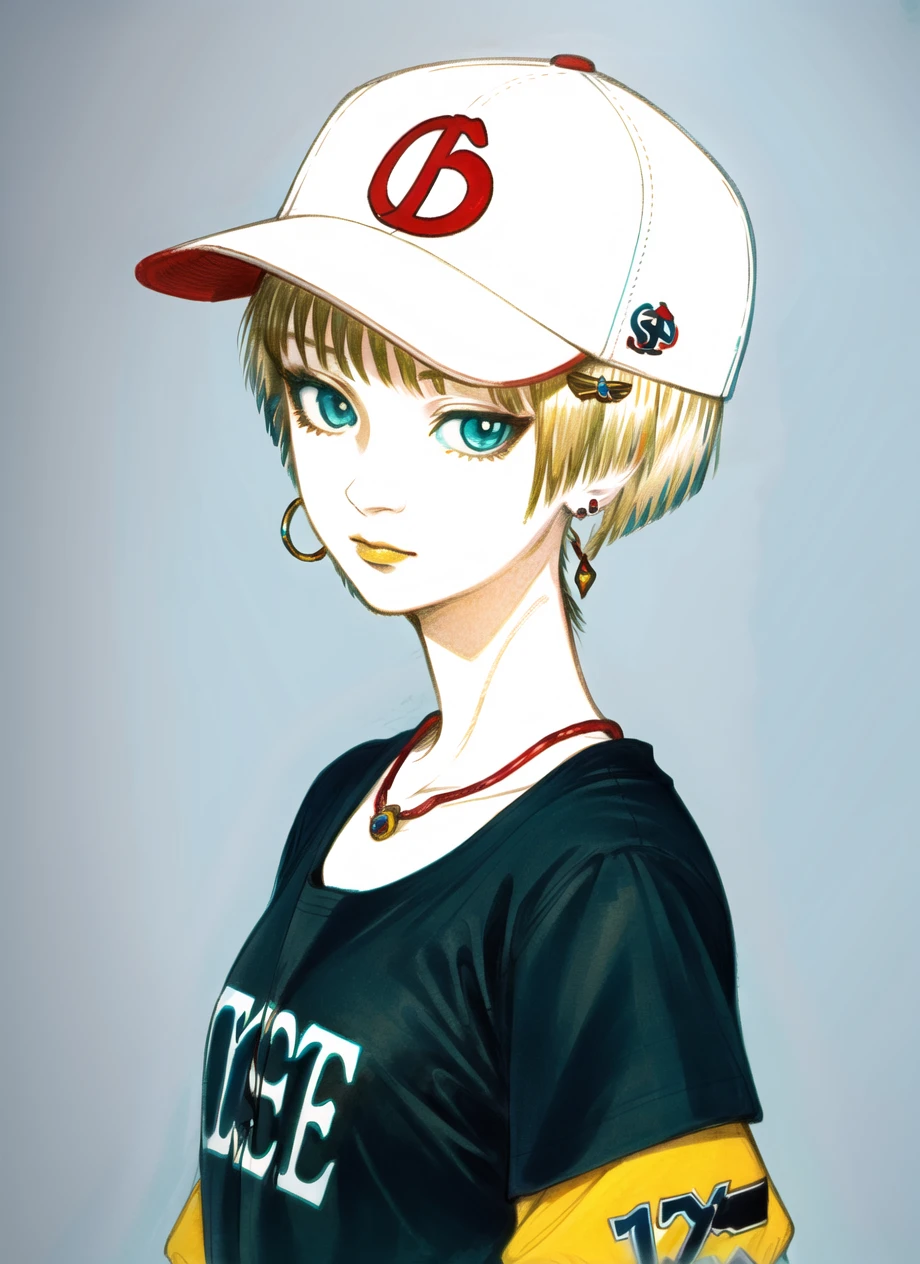 amano yoshitaka,
masterpiece, best quality, 1girl, aqua eyes, baseball cap, blonde hair, closed mouth, earrings, green background, hat, hoop earrings, jewelry, looking at viewer, shirt, short hair, simple background, solo, upper body, yellow shirt
<lora:amano_yoshitaka_offset:1.25>