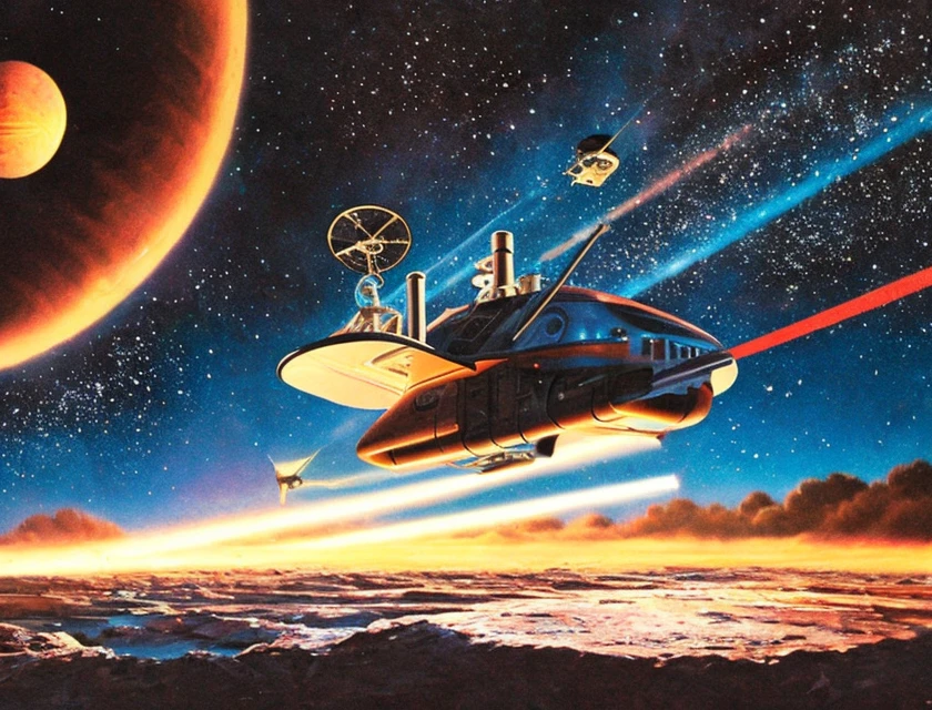 spacecraft orbiting a gas giant <lora:Retro SciFi:0.8>