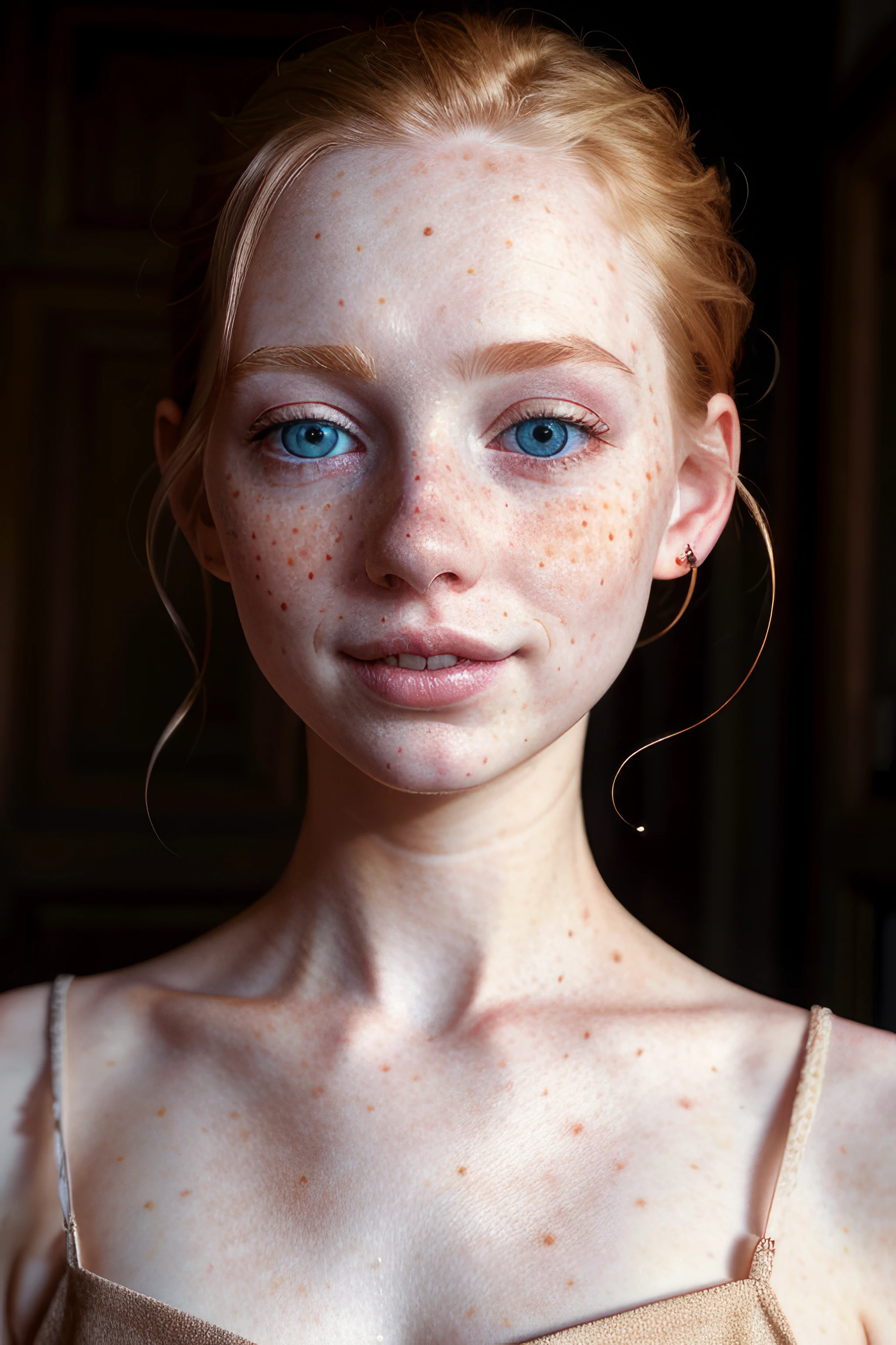 (((realistic))) photo, masterpiece, highest quality, pale skin, (detailed face and eyes:1.1), smug, 1girl, blush, ((shy)), extremely delicate and beautiful girl, dynamic pose,  strawberry blond hair, (freckles:1.2),  (to8contrast style),<lora:theovercomer8sContrastFix_sd15:0.65>