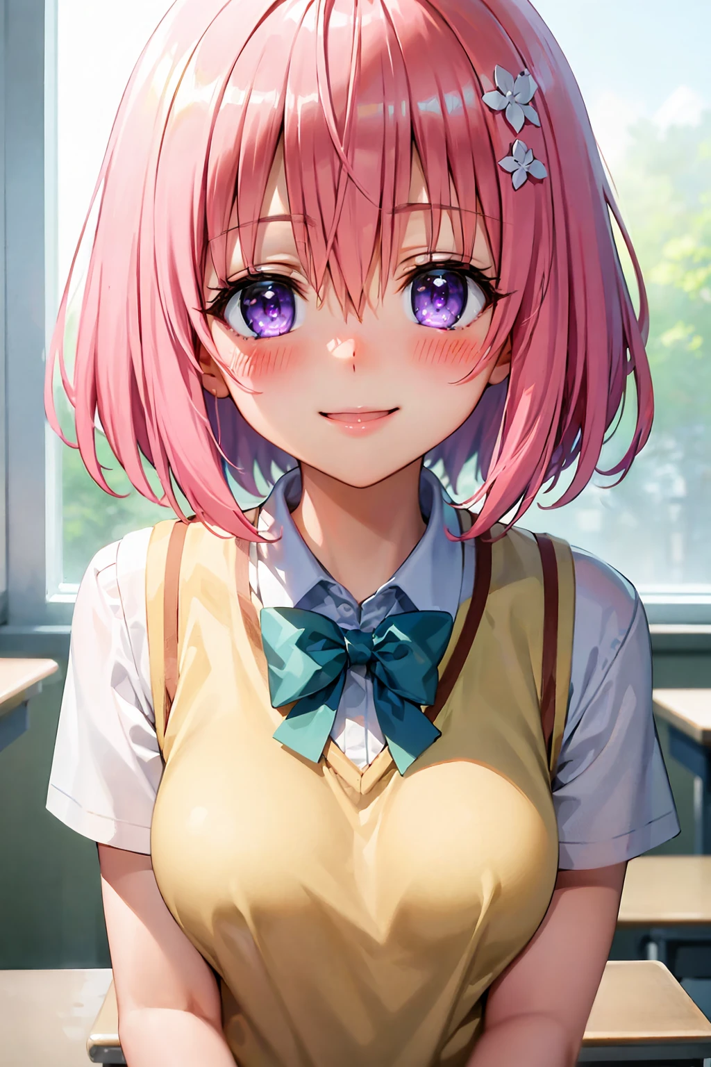 (best quality:1.1), (masterpiece:1.4), (absurdres:1.0), portrait, close up,
1girl, momo velia deviluke, hair ornament, bob cut, short hair pink hair, purple eyes, medium breasts, yellow school uniform, looking at viewer, classroom, (blush:1.2), smile,
<lora:Kizuki - To Love Ru - Momo Velia Deviluke:0.9>