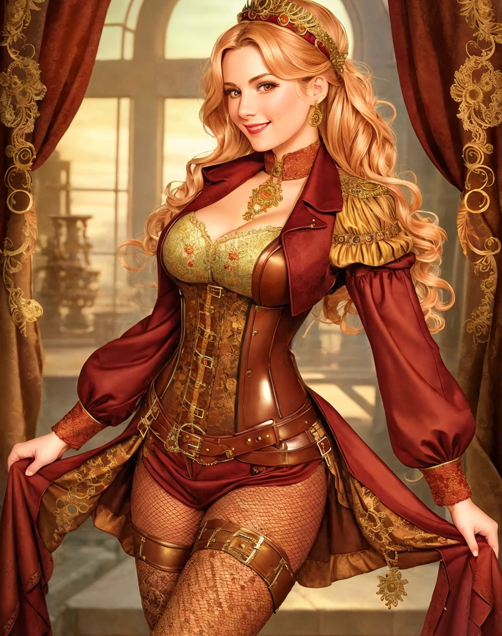 Masterpiece, absurdres, fine detail, HDR, highly detailed face, smiling, excited, steampunk_costume, a woman in a steampunk outfit ,wearing steampunk_costume, fishnet leggins, <lora:steampunk_costume:0.7>