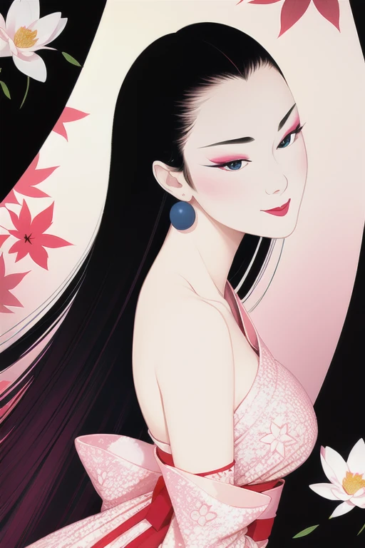 tsuruta ichiro, Narrow-eyed, 1girl in, Allback、deadpan、short-hair、shorth hair、brow、Reluctance、A dark-haired、Tucked Hair Solo, Cowgirl, Onepiece,  ((mideum breasts)),  Thin slit eyes、Black eyes, Light shines on the eyes、Black hair, gloves, Dress,  Luxurious Jewelry, earrings, sharp eye、 elbow groves,Raise your hands and tie your hair back, random color, random color dress,  Makeup for long eyes, Slender eyes、lip stick, Complex petal pattern, Rim Light, Back Light, pastel color,Studio Lighting