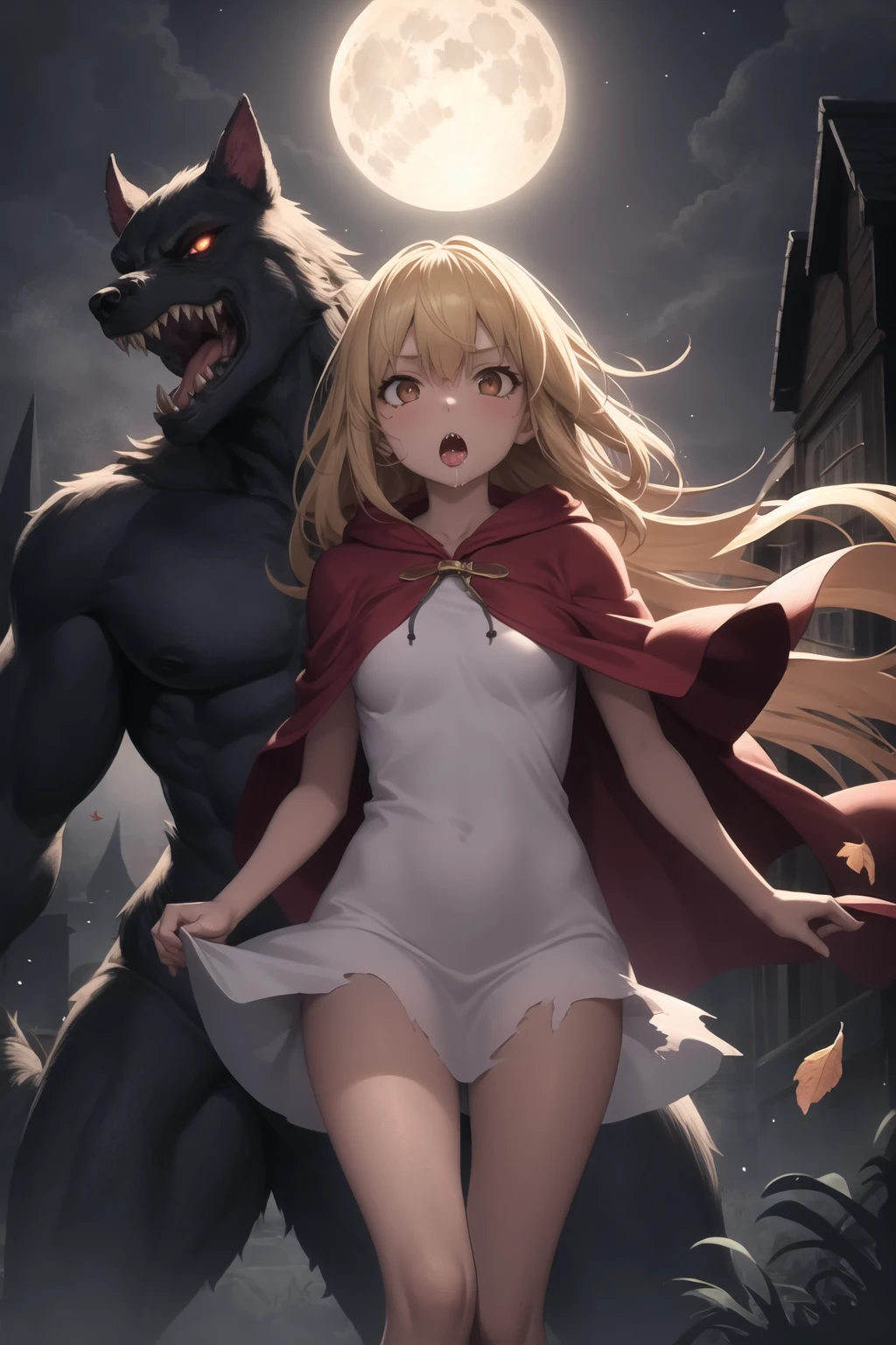 <lora:werewolf_v0.2:1>
1girl, werewolf, 1boy, vore, sharp teeth, saliva drip, glowing eyes, monster, backlighting, night, full moon, sky, howling, scared, looking at viewer, :o, surprised, fog, horror \(theme\), sundress, fleeing, incoming attack, torn dress, floating hair, wind, falling leaves, dark, darkness, little red riding hood, light particles, red capelet, looking at another, blonde hair, brown eyes, hoodie,, masterpiece, best quality, highly detailed