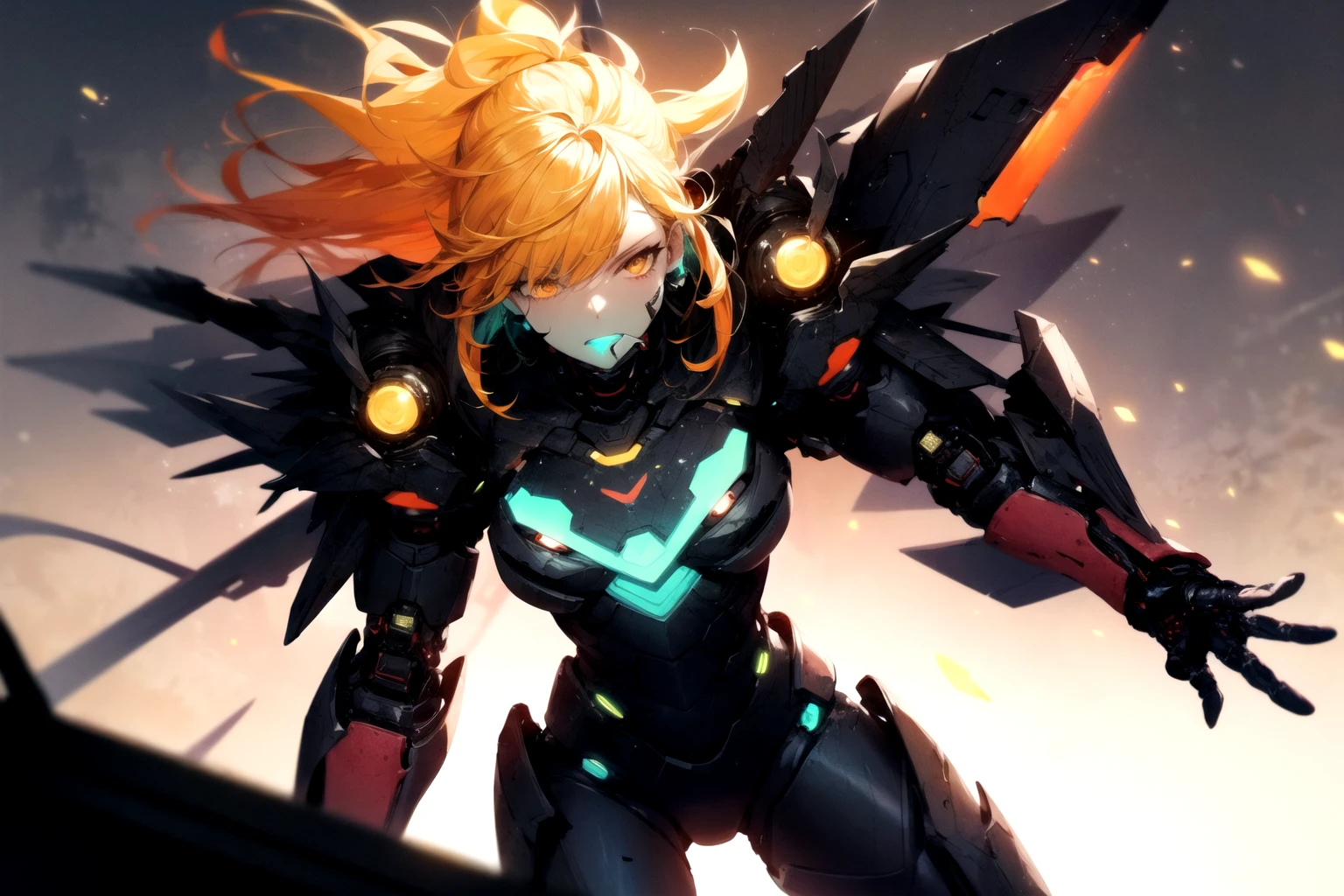 night, bright neon colors, cyborg girl, gradient red and yellow hair blowing in the wind, detailed cyber heavy armor, glowing armor, cybernetic limbs, dynamic angle, (cyberpunk:1.1), best quality, hires, depth of field, detailed background, diffused skin glow