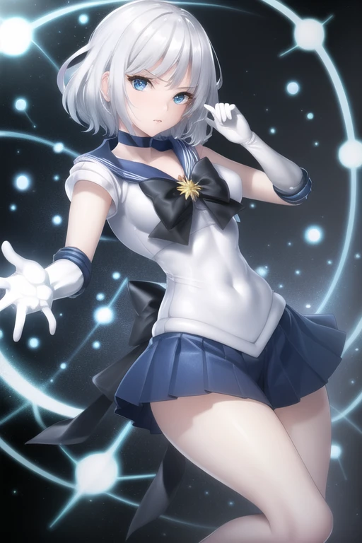 masterpiece, best quality, CG, wallpaper, HDR, high quality, high-definition, extremely detailed, sailor outfit, white hair, short hair, blue eyes, looking at viewer, dynamic pose,