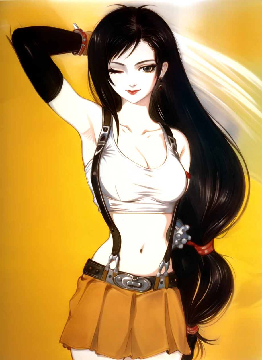 amano yoshitaka,
tifa lockhart, 1girl, thick lips, arm up, armpits, artist name, belt, black hair, breasts, brown eyes, cleavage, closed mouth, collarbone, cowboy shot, crop top, earrings, elbow gloves, elbow pads, gloves, jewelry, large breasts, lips, long hair, low-tied long hair, midriff, navel, one eye closed, outdoors, skirt, smile, solo, stomach, suspenders, tank top, upper body, ((masterpiece)) <lora:tifa_lockhart:0.45>
<lora:amano_yoshitaka_offset:1>