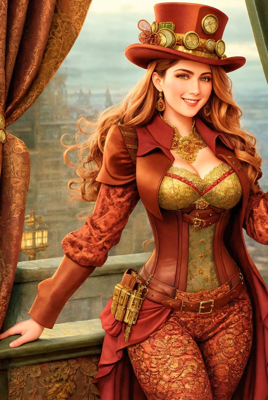 Masterpiece, absurdres, fine detail, HDR, highly detailed face, smiling, excited, steampunk_costume, a woman in a steampunk outfit ,wearing steampunk_costume, fishnet leggins, <lora:steampunk_costume:0.7>