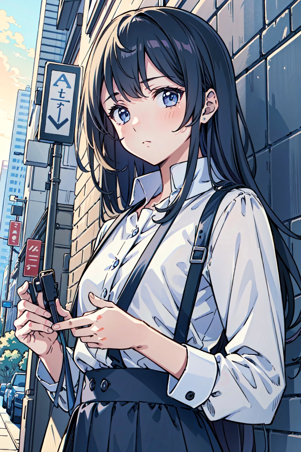 (masterpiece),(best quality), girl,((ultra-detailed)), (highly detailed CG illustration),(expressionless),cityscape, flat color, upper body,