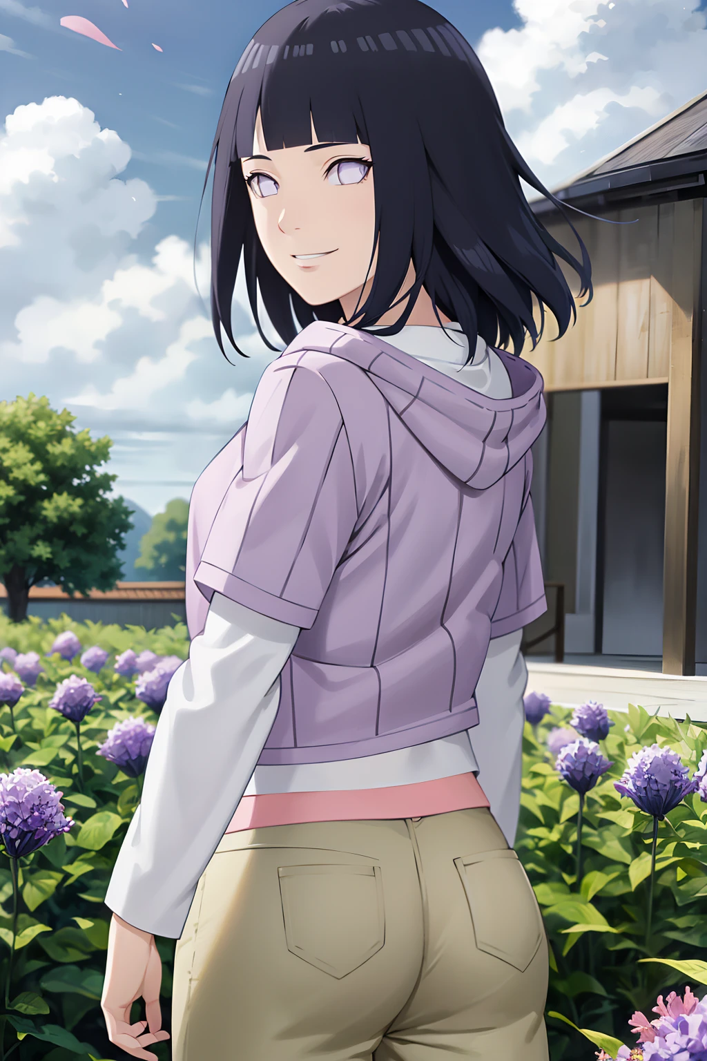 masterpiece, absurdres , (intricate details), (colorful),cinematic lighting,extremely detailed CG unity 8k wallpaper ,hinata\(boruto\), 1girl, solo, purple hoodie ,brown pants,  from behind,layered sleeves, cowboy shot,  looking back, looking at viewer,smile, outdoors, lavender flower field,flower, day, cloudy sky, wind, floating hair, falling petals