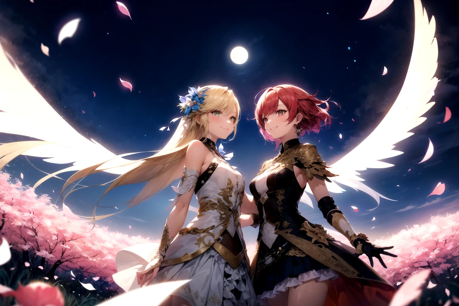 ((2girls)), friends, colorful, cinematic lighting, cowboy shot, light colored hair, solo, smiling, intricate skirt, ((flying petal)), flowery meadow, moonlight, moon, night, cinematic lighting, fantasy background, dynamic angle,
