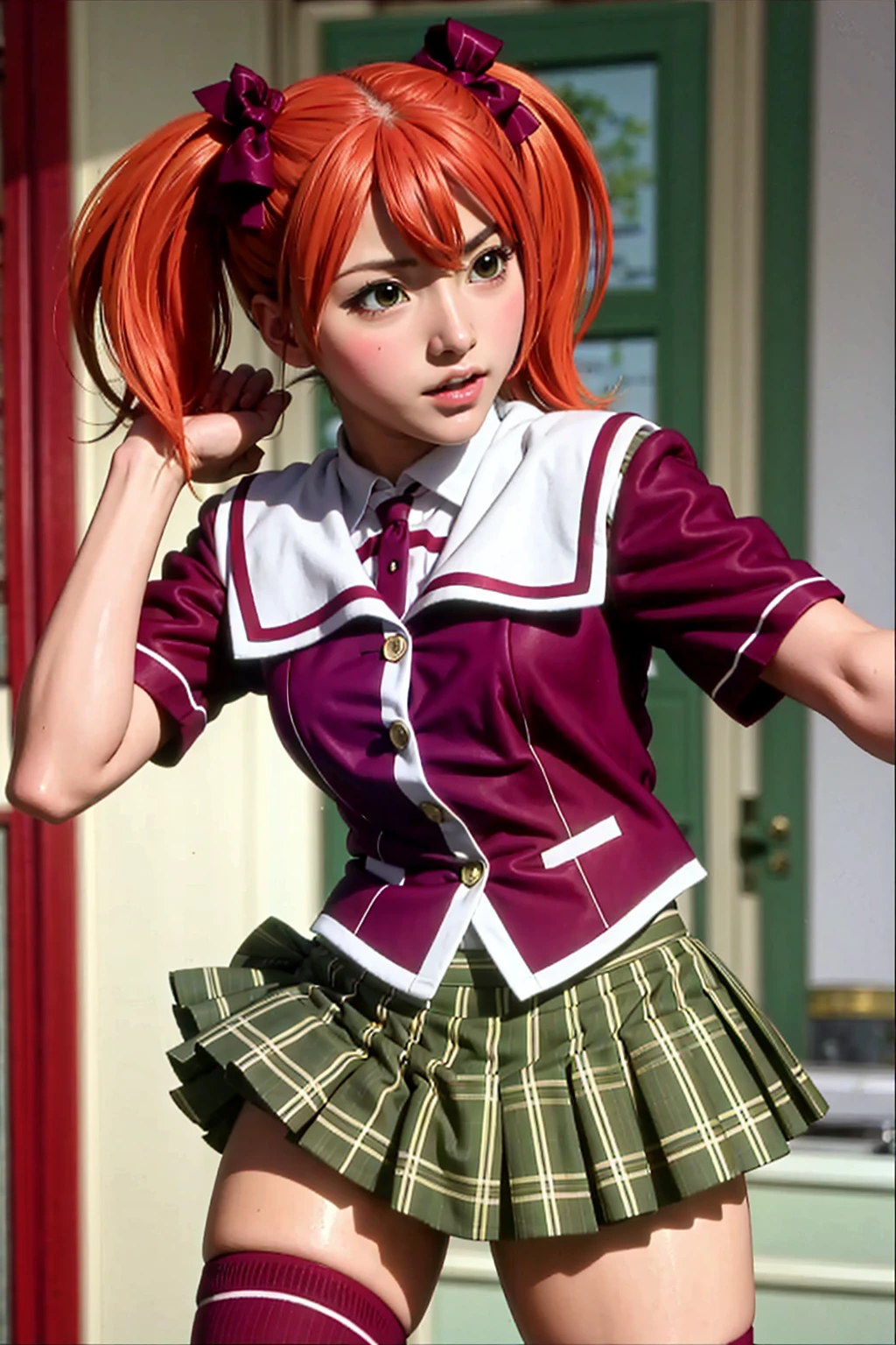 1girl, solo, kokoa shuzen (rosario + vampire), short hair, twintails, orange hair, hair ribbon, ribbon, green eyes, school uniform, green patterned skirt, garnet thighhighs, cute, kawaii, posing, dynamic pose, school entrance, <lora:Shuzen Kokoa:1>