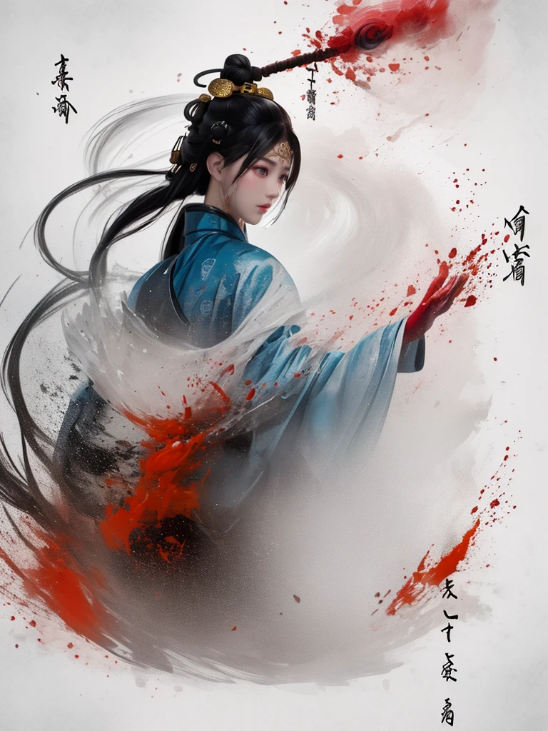 dramatic angle,(fluttered detailed ink splashs), (illustration),(((1 girl))),(long hair),(rain:0.6),((expressionless ,Carmine hair ornament:1.4)),(There is a palace far away from the girl),chinese clothes,((focus on the girl)), color Ink wash painting,(ink splashing),(Huaqing splashing),((colorful)),[sketch], Masterpiece,best quality, beautifully painted,highly detailed,(denoising:0.7),[splash ink],yin yang
 <lora:WuMo2:1>