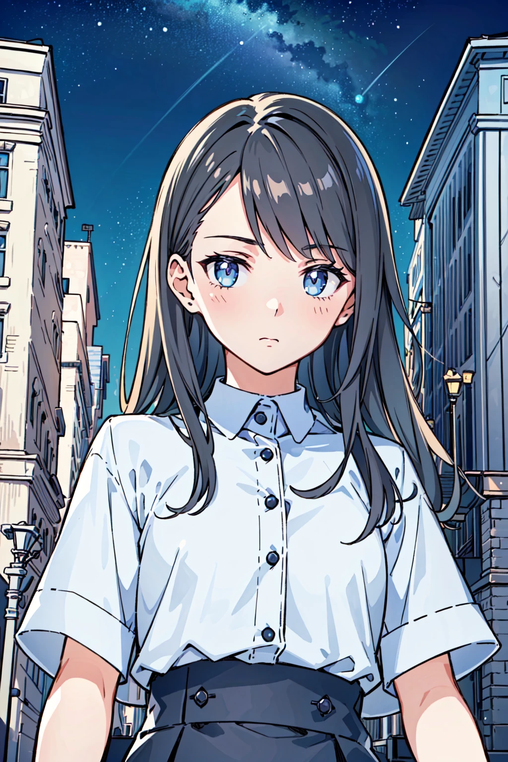 (masterpiece),(best quality), girl,((ultra-detailed)), (highly detailed CG illustration),(expressionless),cityscape, flat color, upper body,