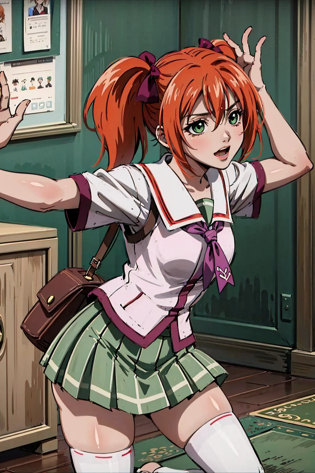 1girl, solo, kokoa shuzen (rosario + vampire), short hair, twintails, orange hair, hair ribbon, ribbon, green eyes, school uniform, green patterned skirt, garnet thighhighs, cute, kawaii, posing, dynamic pose, school entrance, <lora:Shuzen Kokoa:0.7>,