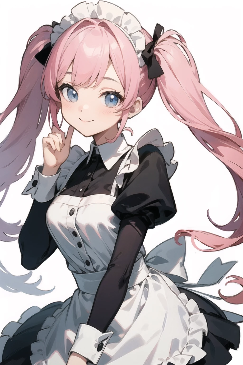 (finely best quality illustration:1.2), (kawaii girl:1.0), (1girl, solo:1.0), (pink hair, twintails:1.0), (maid:1.0), (smile:1.1), (ultra-detailed, highres, 4k:1.0),