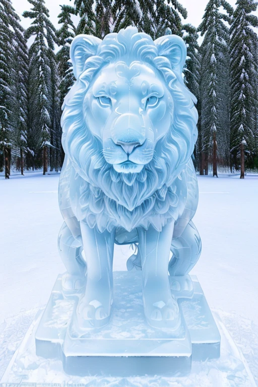 photo of a lion, a lion as a (made_of_ice:1.3),  on a pedestal, modelshoot style, photo of the most beautiful artwork in the world, High Detail, Sharp focus,(((in the snow))), full body, (closeup),    <lora:made_of_ice:0.6>,  <lora:betterCuteAsian03:0.3>,