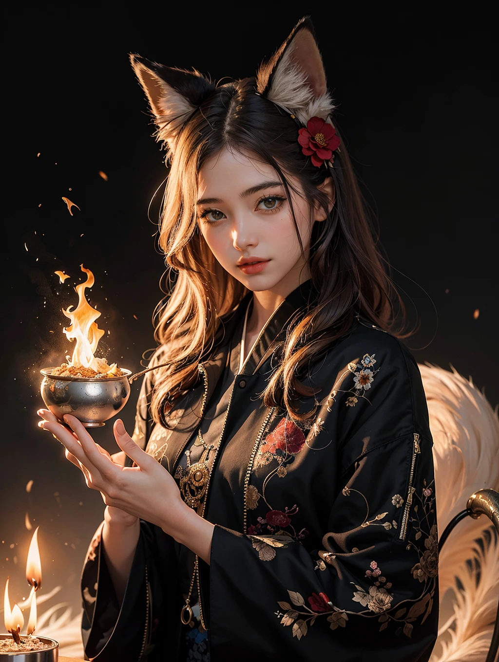 1girl, solo, official art, unity 8k wallpaper, ultra detailed, beautiful and aesthetic, masterpiece, best quality, photorealistic, (abstract background) (zentangle, mandala, tangle, entangle background:0.7) Kitsune, fox mask, haori jacket, foxfire spell, fox familiar, transformation, depth of field, Fantastical Atmosphere, the most beautiful form of chaos, elegant, a brutalist designed, flower of death, ecstasy of flower