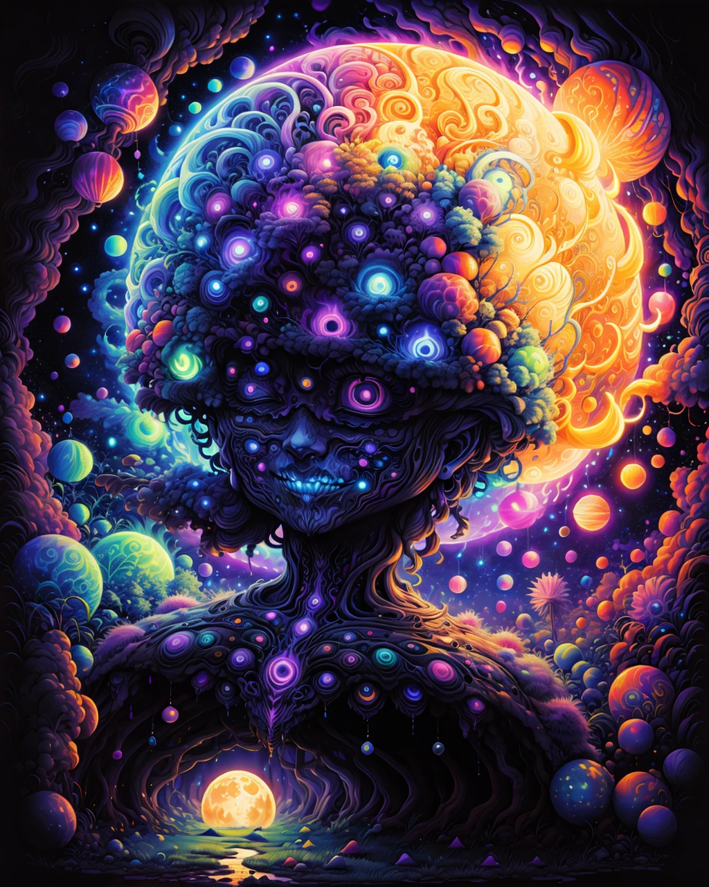 masterpiece, beautiful psychedelic moon, black light painting <lora:PsyAI_128:1> PsyAI